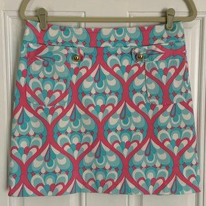 Melly M Blue Pink White Sz 4 Lined Miniskirt Front Pockets Gold Buttons Back Zip